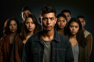 Young immigrants hopeful yet uncertain gaze isolated on a grey gradient background photo