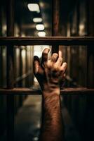 Hand reaching out from behind bars desolate background with empty space for text photo