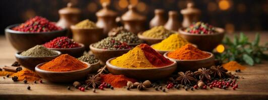 Colorful spices on wooden table. AI generated photo