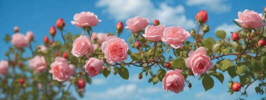 hermosa primavera borde, floreciente Rosa arbusto en un azul antecedentes. floración Rosa caderas en contra el azul cielo. suave selectivo enfocar. ai generado foto