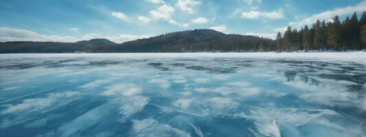 Blue ice and cracks on the surface of the ice. Frozen lake under a blue sky in the winter. The hills of pines. Winter. Carpathian, Ukraine, Europe.. AI generated photo