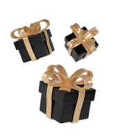 3d black Friday three gift boxes icon with golden ribbon bow transparent background. Render Shop Sale modern holiday. Realistic icon for present shopping banner or poster png
