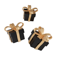 3d noir Vendredi Trois cadeau des boites icône avec d'or ruban arc transparent Contexte. rendre magasin vente moderne vacances. réaliste icône pour présent achats bannière ou affiche png