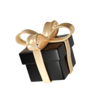 3d black Friday gift box icon with golden ribbon bow transparent background. Render Shop Sale modern holiday. Realistic icon for present shopping banner or poster png