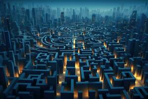 Maze made from city streets. Futuristic city. Generative AI photo