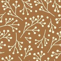 Abstract seamless pattern with beige branches berries on a brown background. Monochrome design for textile, prints, wrapping paper. Vector illustration