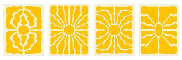 Vertical retro set groovy backgrounds with bright sunburst in style 60s, 70s. Trendy colorful graphic print. Vector illustration