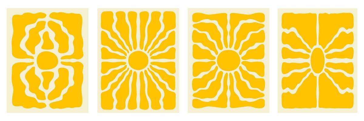 Vertical retro set groovy backgrounds with bright sunburst in style 60s, 70s. Trendy colorful graphic print. Vector illustration