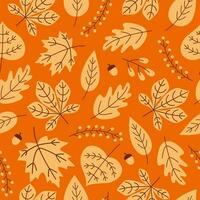 otoño sin costura modelo con temporada hojas, bellotas y bayas en naranja antecedentes. moderno estacional modelo. vector de moda diseño