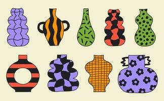 Abstract cartoon vases set with different groovy prints. Vector illustration