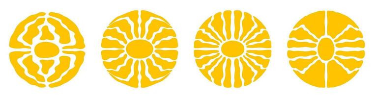 Abstract retro set groovy sun icon with bright sunburst in style 60s, 70s. Trendy colorful graphic print. Vector illustration