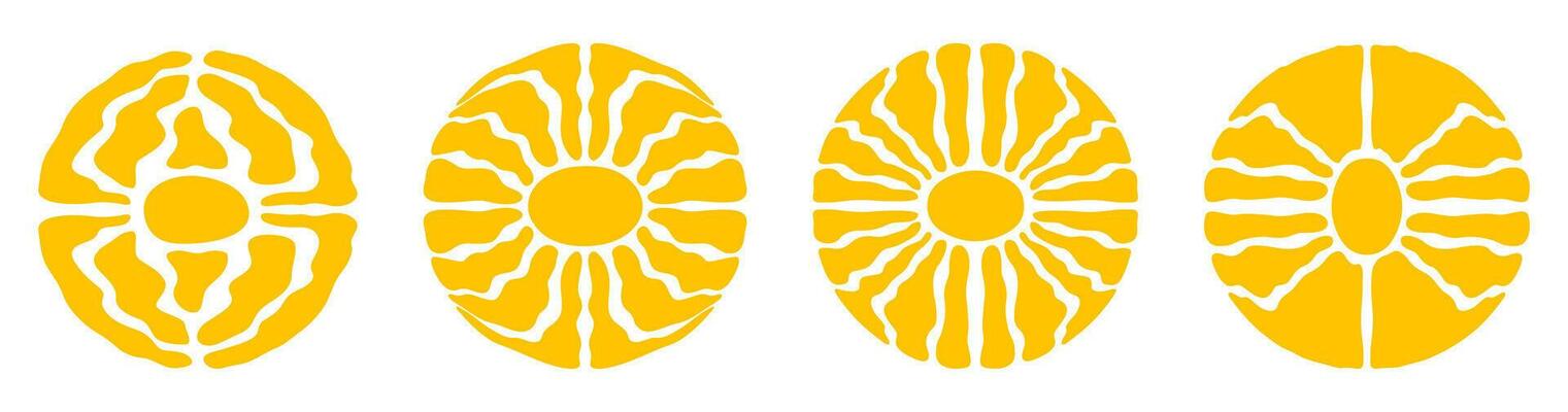Abstract retro set groovy sun icon with bright sunburst in style 60s, 70s. Trendy colorful graphic print. Vector illustration