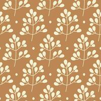 Vector floral seamless pattern with beige branches on a brown background. Botanical hand drawn print for fabric, home decor and wrapping paper.