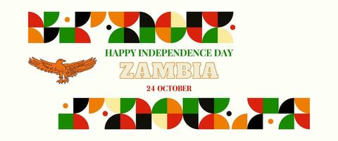 Zambia national day banner for independence day anniversary. Flag of Zambia and modern geometric retro abstract design. Green and black concept. vector