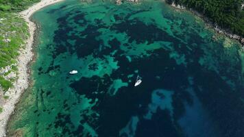 aereo superiore giù Visualizza di Barche nel baia nel sardegna video