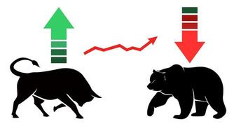 Bull and Bear market trend in crypto currency or stocks. Trade exchange, green up or red down arrows graph. Cryptocurrency price chart Vector. vector
