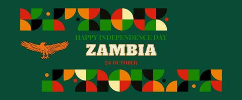 Zambia national day banner for independence day anniversary. Flag of Zambia and modern geometric retro abstract design. Green and black concept. vector