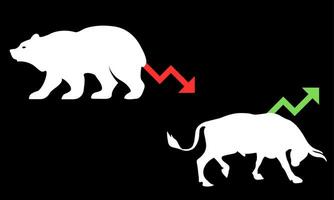 toro y oso mercado tendencia en cripto moneda o cepo. comercio intercambio, verde arriba o rojo abajo flechas grafico. criptomoneda precio gráfico vector. vector