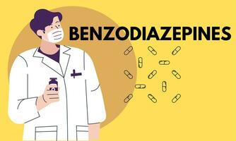 benzodiacepinas. benzodiazepinas pastillas en rx prescripción fármaco botella vector ilustración