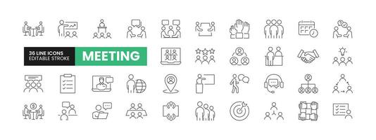 Set of 36 Meeting line icons set. Meeting outline icons with editable stroke collection. Includes Meeting, Business Meeting, Seminar, Team, Collaboration, and More. vector