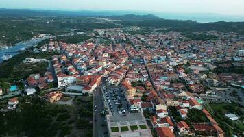 Aerial backward view of tower in Santa Teresa city in Sardinia video