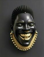 beautiful brooch with black diamonds and the face of an african man, with a smile and gold teeth illustration photo