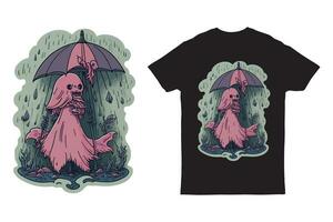 T-shirt illustration of a ghost holding pink umbrella in a rainstorm vector