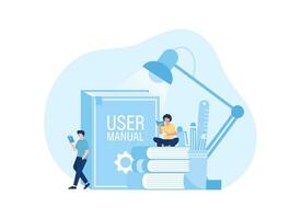 Tiny people with guide instructions or handbooks, reading on user manual concept flat illustration vector