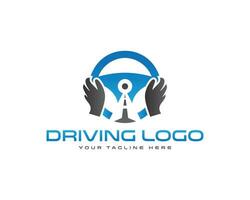 Driving school, hands on the wheel with road signs logo design vector template.