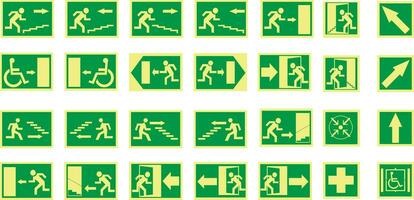 set of emergency, exit signs. Green, white and yellow color. Arrows vector