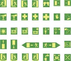 conjunto de emergencia, salida señales. verde, blanco y amarillo color. flechas vector