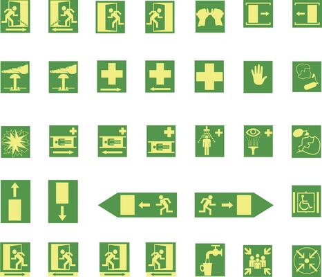 set of emergency, exit signs. Green, white and yellow color. Arrows