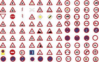 Set of triangular and round traffic, warning, prohibition and danger signs icons in addition to the hexagonal stop vector