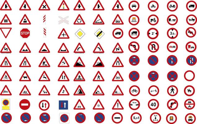Set of triangular and round traffic, warning, prohibition and danger signs icons in addition to the hexagonal stop