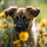 Cute dog with blooming flowers AI Generated, AI Generative photo