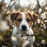 Dog in the branches of a flowering tree AI Generated, AI Generative photo