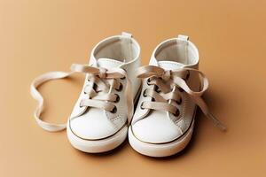 un foto de blanco bebé Zapatos en beige fondo, parte superior vista, Copiar espacio generativo ai