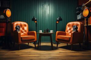 A picture of Two orange leather armchairs in a studio. Barbershop interior. Generative AI photo