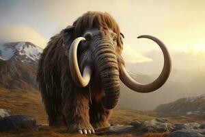 3d hacer de un grande lanoso mamut en un montaña paisaje generativo ai foto