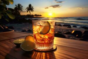 un Disparo de tequila amanecer cóctel en un tropical playa con palma arboles y puesta de sol generativo ai foto
