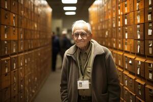 Portrait of senior man standing in archive at university. Focus on his face Generative AI photo