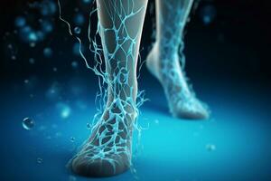 male legs with glowing veins on dark blue background. 3D rendering Generative AI photo