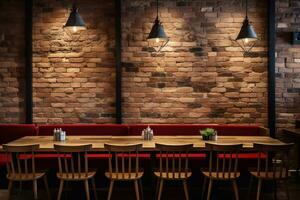 Interior of modern cafe with brick wall and wooden tables with red sofa Generative AI photo
