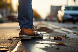 un imagen de hombre caminando en el calle a atardecer, de cerca de masculino piernas generativo ai foto