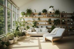 Living room interior with sofa, bookshelf and plants in pots Generative AI photo