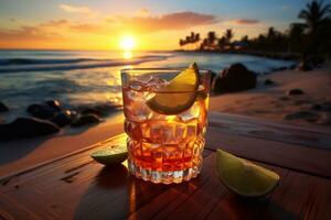 un imagen de tequila amanecer cóctel en un tropical playa con palma arboles y puesta de sol generativo ai foto