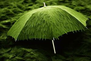 A shot of Green umbrella in the rain on a background of green grass, close up Generative AI photo