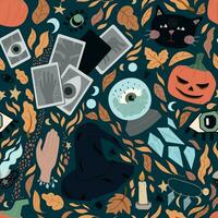 seamless pattern of cute Halloween symbols - black cat, eyes, witch hat, pumpkins, spider, fortune telling ball, cards, crystals, autumn leaves. illustration for wrapping paper, background, wallpaper vector