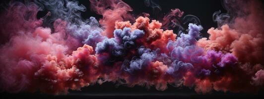 Dense multicolored smoke of red, purple and pink colors on a black isolated background. Background of smoke vape. AI generated photo