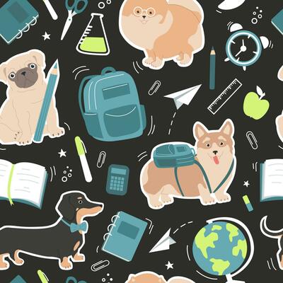 Seamless pattern of cute dogs and school elements - globe, paper clips, backpack, paper planes, pens, books, notebooks. Baby vector illustration.